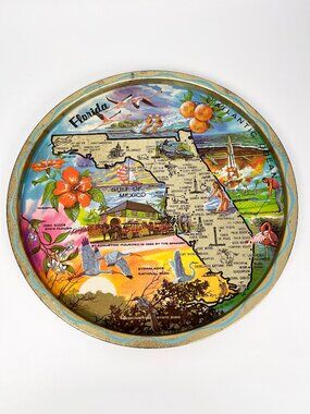 Vintage Florida metal round colourful tray